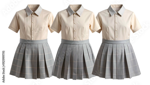 Three school uniforms, featuring collared shirts and pleated skirts
