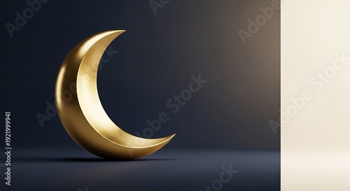 Golden crescent moon sculpture on dark background with spotlight