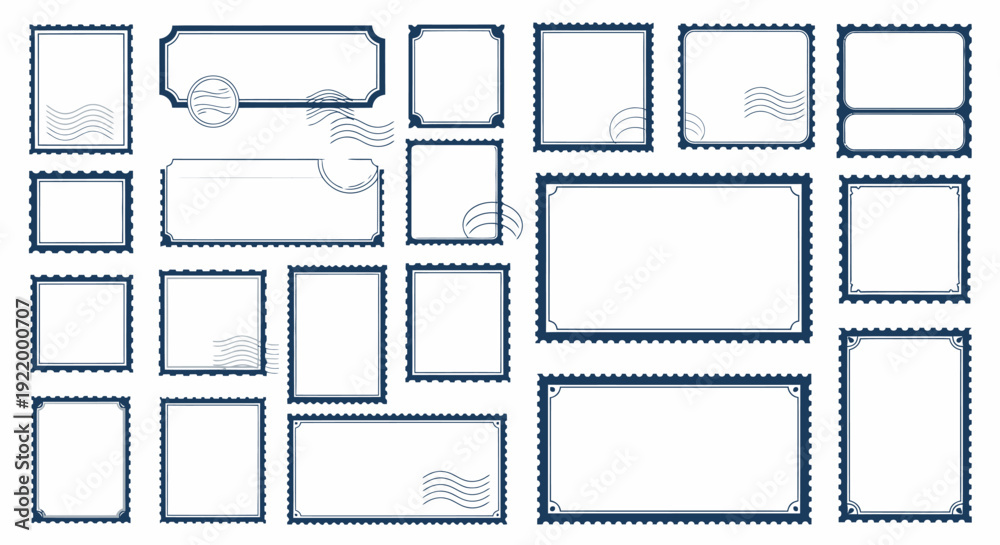 Fototapeta premium Collection of Vintage Postage Stamp Templates with Decorative Borders and Mail Icons