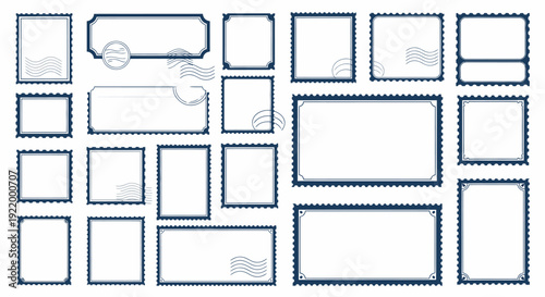 Collection of Vintage Postage Stamp Templates with Decorative Borders and Mail Icons