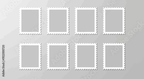 Grid of Empty Postage Stamp Frames with Perforated Edges on Gray Background