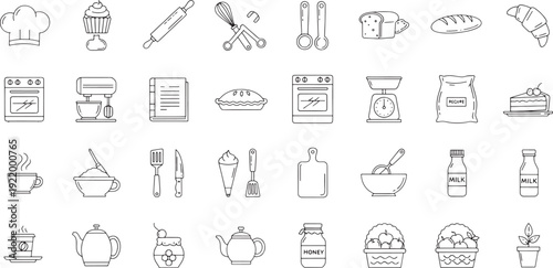 Collection of line baking and cooking on white background kitchen food ingredients