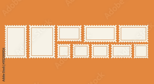 Collection of Rectangular and Square Blank Postage Stamps with Perforated Edges on Orange