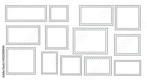 Collection of vintage postage stamp frames with perforated edges and empty space for text