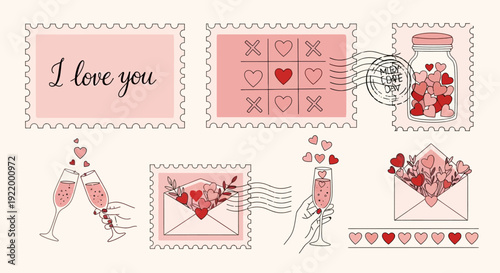 Valentine's Day Themed Vector Postage Stamps Collection with Hearts and Celebration