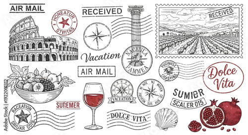 Vintage Italian Travel Stamps Collection Featuring Colosseum, Wine, and Vineyard Scenery