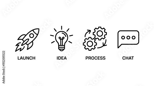 Line icons of business startup process and communication concepts  launch idea process chat