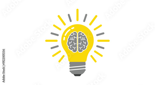 A bright yellow glowing lightbulb contains a detailed grey human brain within its glass, surrounded by radiating lines.