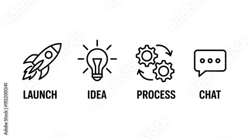 Business process management flat line icons for launch idea process and chat