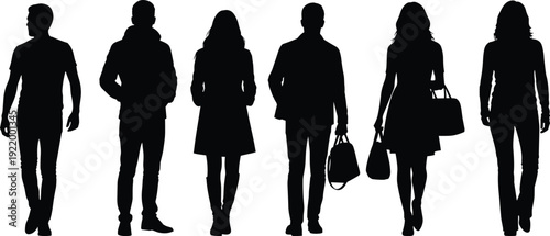 Group of walking people silhouettes featuring men and women with shopping bags isolated on white background, urban lifestyle crowd vector illustration