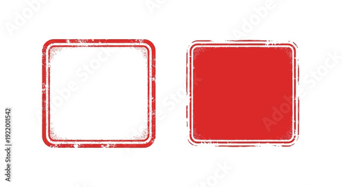 Quadro su tela Set of distressed red square stamp templates with rounded corners, isolated on w