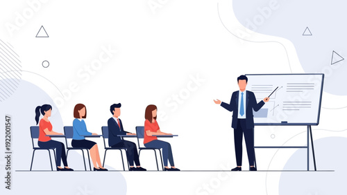 Business Training Seminar: Teacher Instructing Students at Whiteboard