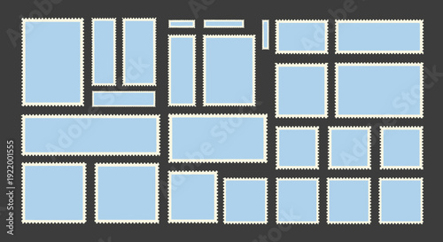 Collection of Blank Light Blue Postage Stamps with Perforated Edges on Dark Background