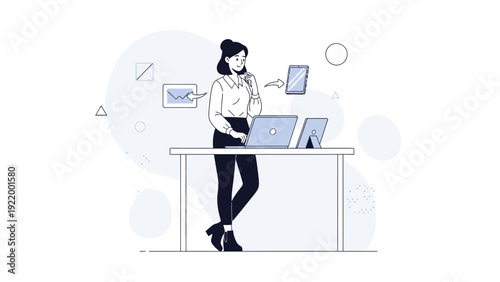 Business woman with laptop, tablet and smartphone, digital communication concept
