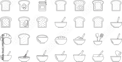 Collection of sketched food and kitchen utensils on white background toast bread slice butter