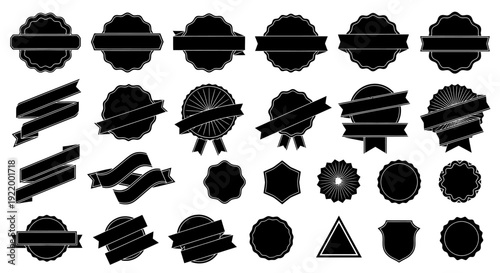Collection of Black Vector Badges, Labels, Ribbons and Emblems on White Background