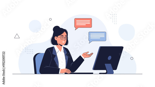 Businesswoman communicating online via computer with chat bubbles