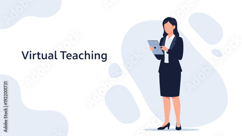 Businesswoman conducting virtual teaching with tablet, modern illustration