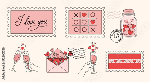 Charming Valentine's Day Themed Vector Postage Stamps Collection for Romantic Designs