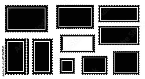 Collection of Blank Black Postage Stamps with Perforated Edges on White