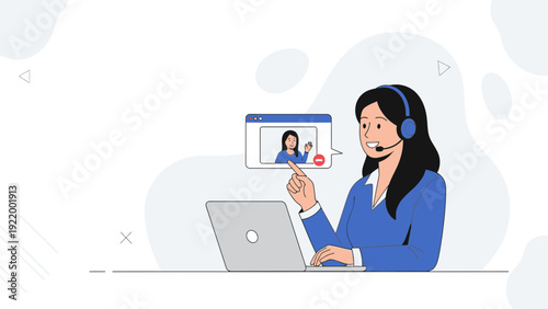 Customer service agent with headset on laptop, online consultation, video call, support