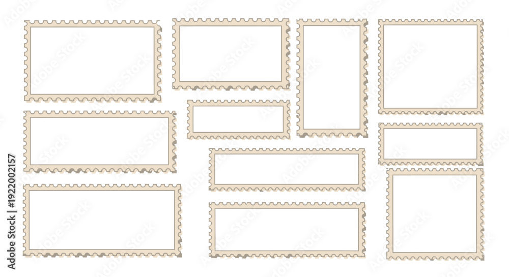 Fototapeta premium Collection of Blank Postage Stamp Frames with Perforated Edges on White Background