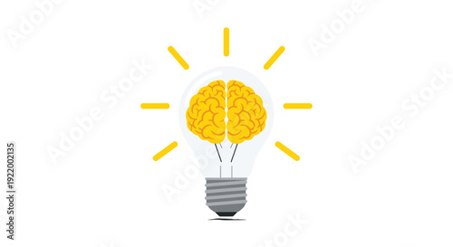 A transparent lightbulb encases a vivid yellow human brain emitting light, surrounded by radiant yellow lines.