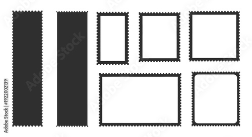 Collection of Various Postage Stamp Shapes with Perforated Edges on White Background