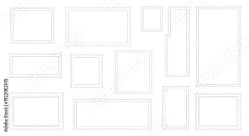 Collection of Blank Postage Stamp Frames with Serrated Edges Isolated on White