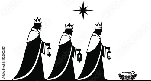 Silhouette of Three Wise Men Visiting Baby Jesus in Manger Under Star, Minimal Black and White Christmas Nativity Illustration Religious Biblical Scene Artwork