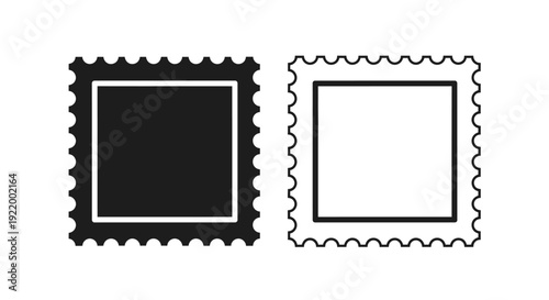 Two stylized postage stamps, one black and one outline, isolated on white background