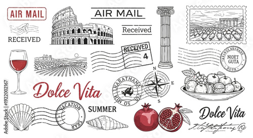Vintage Italian Vacation Stamp Collection with Famous Landmarks and Food Elements
