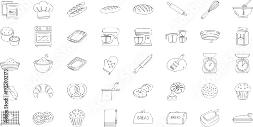 Hand Sketched Baking Ingredients and Tools Collection Line bread dough yeast flour