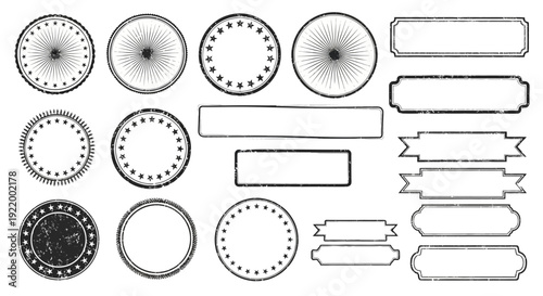 Vintage Stamp and Badge Vector Icons: Circle, Ribbon, and Rectangular Frames