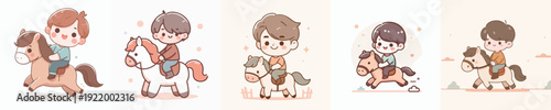 A Cute Boy Riding a Horse Vector Illustration