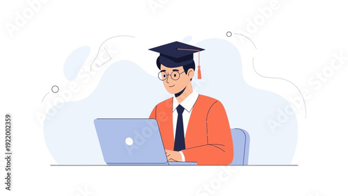 Graduation Student Using Laptop for Online Learning or Research