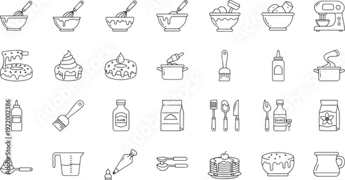 Baking and Cooking Featuring Doughnuts Bowls and Utensils line outline whisk