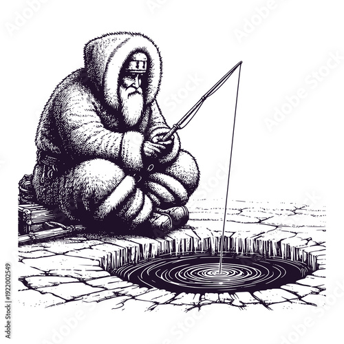 Eskimos fishing in a snow hole