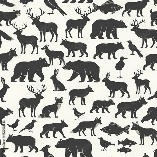 Seamless Pattern of North American Wildlife Silhouettes.