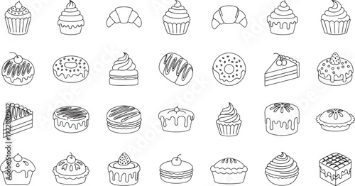 Black and white line collection of various pastries and cakes cupcake croissant donut cake slice macaron