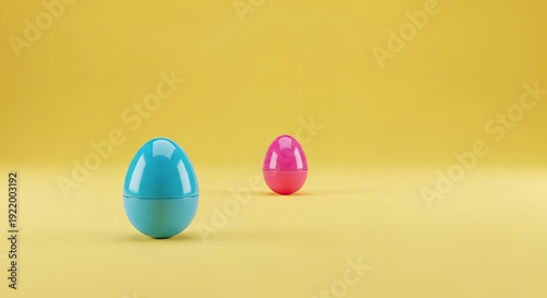 Two colorful easter eggs on a bright yellow background one blue and one pink shiny and smooth