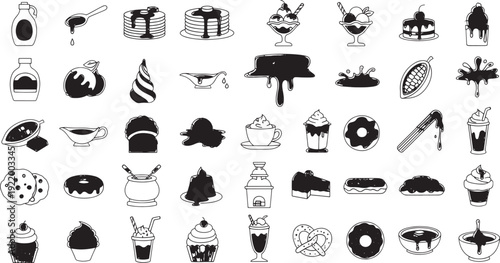 Black and white sketched collection of sweet food and drink dessert