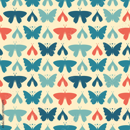 Naive bright butterfly seamless pattern. Simple playful repeat background with cheerful colors and childlike spring style.