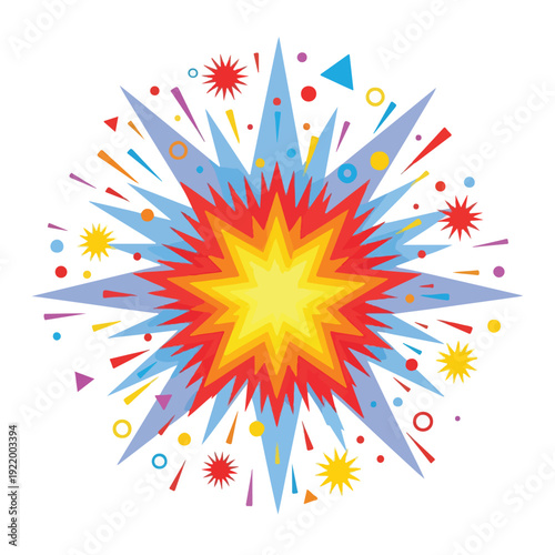 Vibrant Explosive Starburst with Colorful Shapes.