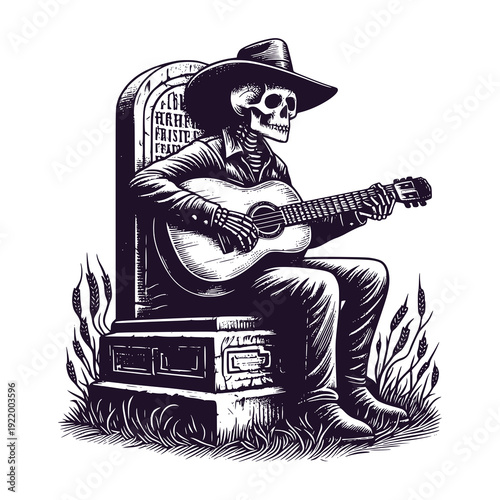 skeleton playing guitar at cemetery