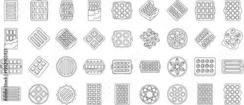 Collection of black and white line of baking molds and chocolate bars line outline waffle molds muffin tins