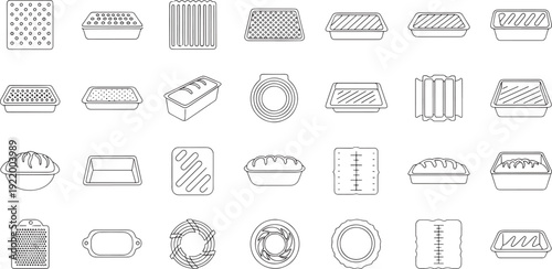 Collection of black and white line of food packaging containers and baking molds tray line outline