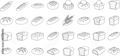 Collection of black and white sketched bread types and wheat stalks loaf baguette rye bread wheat bread
