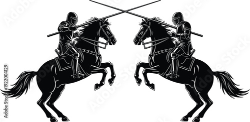 Black Silhouette of Two Fully Armored Medieval Knights Engaged in Jousting Combat, Rearing Horses and Crossed Lances, Representing History, Chivalry, and Heraldry Vector