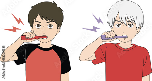 A digital illustration of two young Asian men brushing their teeth side by side.